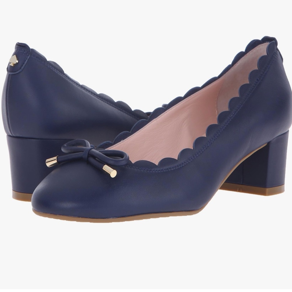 Kate Spade Yasmin Navy Scalloped Bow Block Heels Size 6.5 NWOB